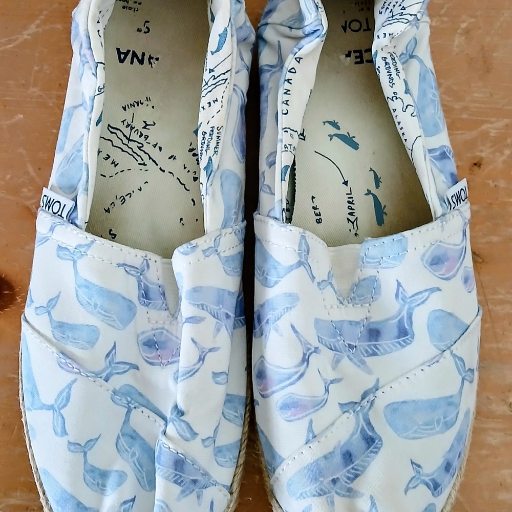 Toms White Canvas Slip-Ons with Light Blue Whale Print
